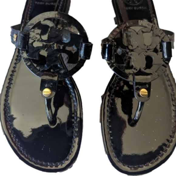 Tory Burch Shoes - TORY BURCH Miller Sandals Black Patent Leather Logo Size 8